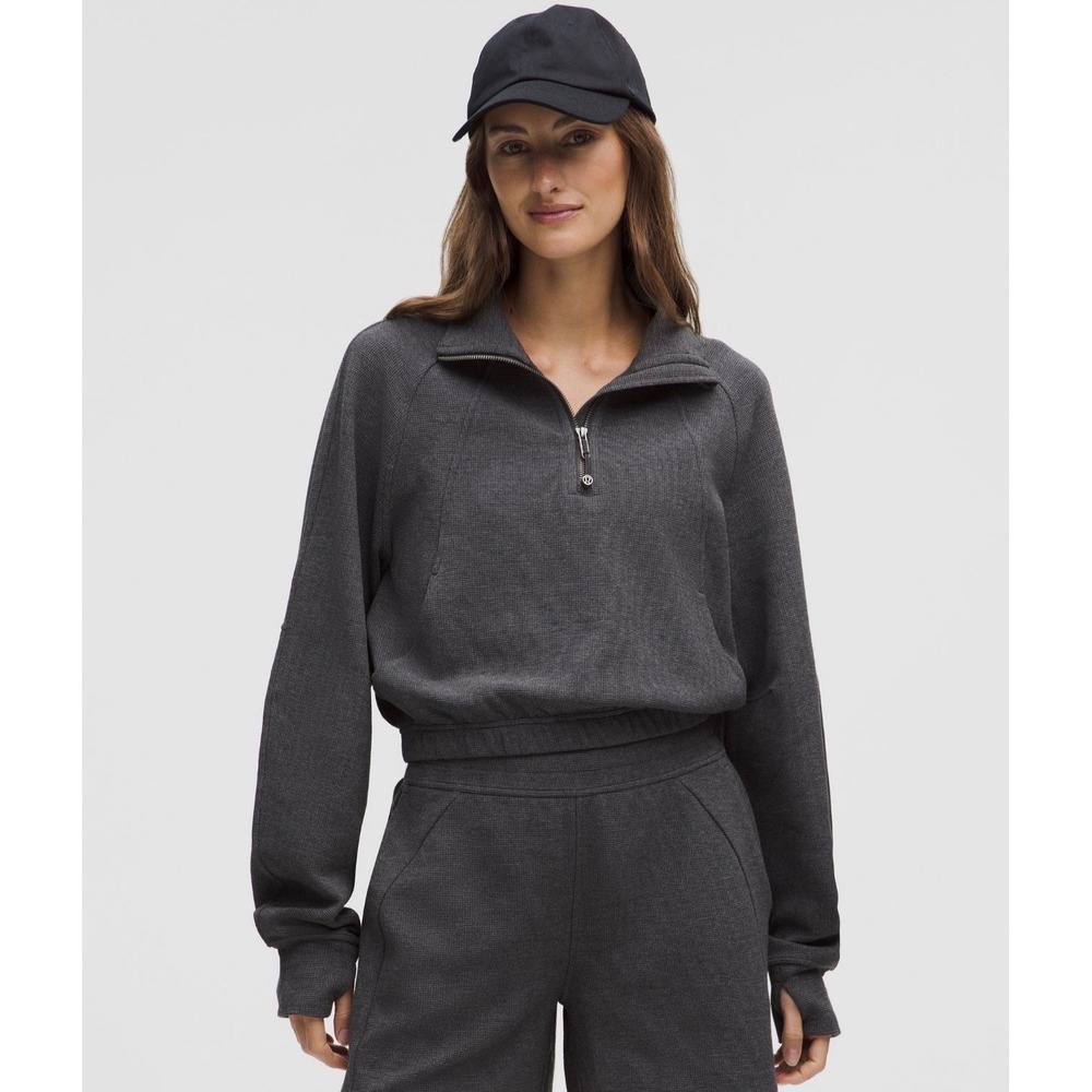 Lululemon Scuba Cropped Funnel-Neck Half Zip Waffle in Heathered Graphite Grey